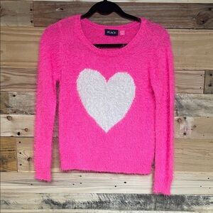 Place size L (10/12) Vibrant Pink White Heart Fuzzy Soft Long Sleeve Sweater
